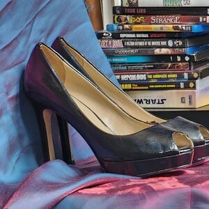 Elegant Platform Dark Navy Blue Peep-Toe Heels